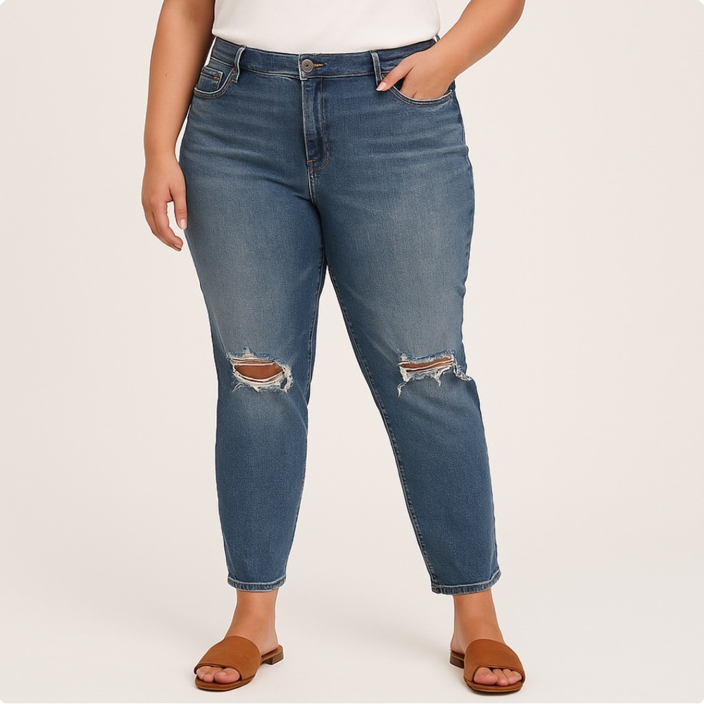 * Torrid Boyfriend Straight Vintage Stretch Ripped Knee Jeans 10R Medium Wash